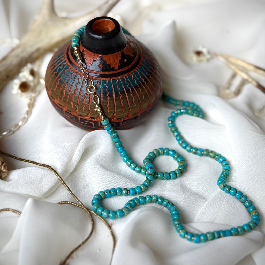 Hand Silk Strung Turquoise Picasso Glass Gold Beaded Wrap Necklace
